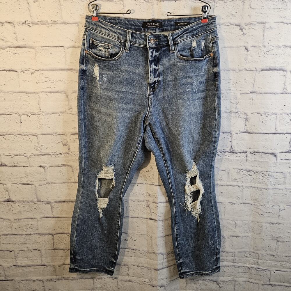 Judy Blue Jeans Sz 16W Blue Denim Boyfriend Fit High Rise Stretch Distressed